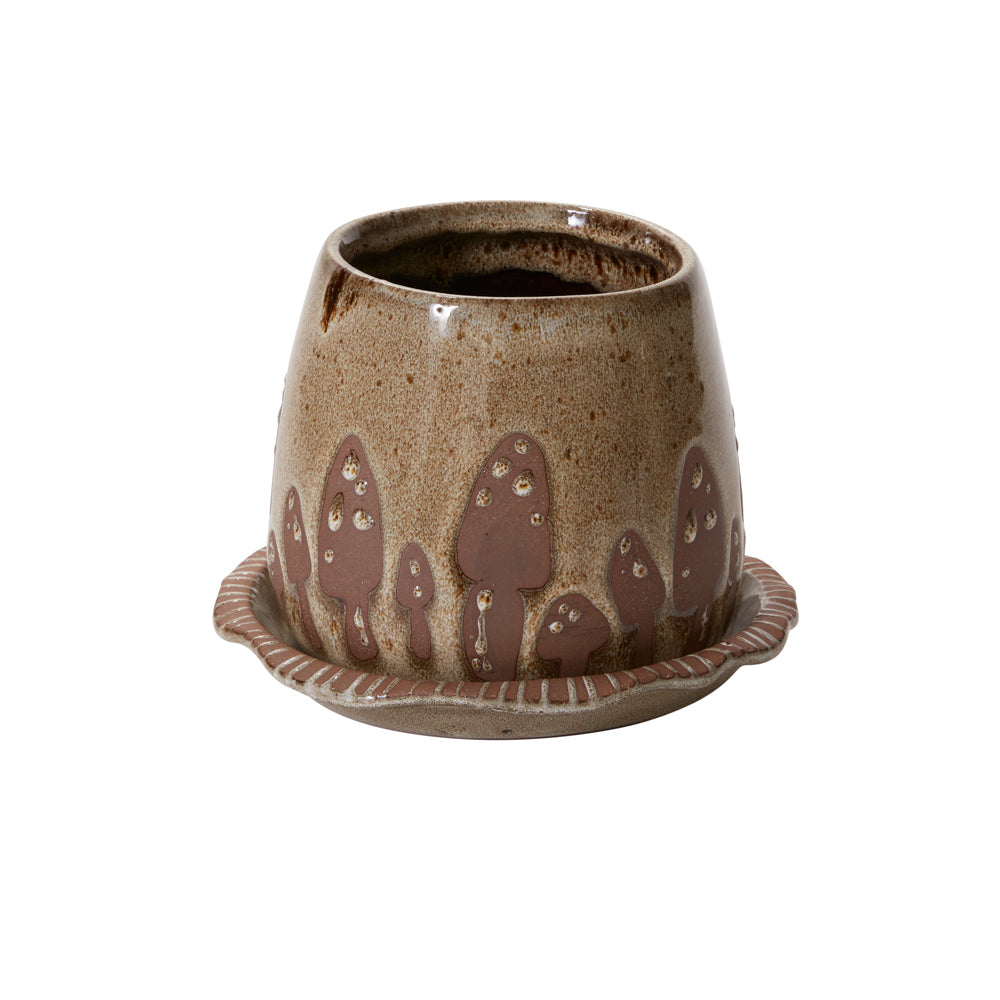 Wild Mushroom Pot with Saucer 7.75"x 6"