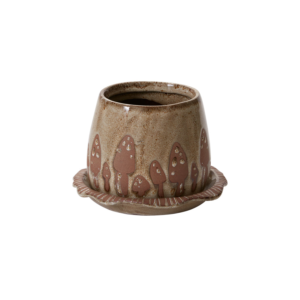 Wild Mushroom Pot with Saucer 7"x 4.75"