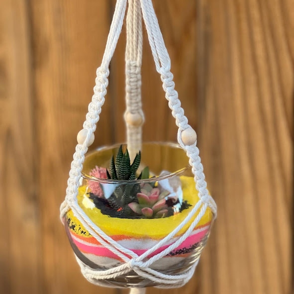 Hanging macrame terrarium