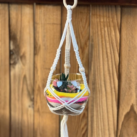 Hanging macrame terrarium