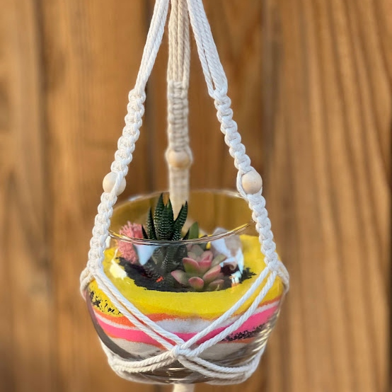 Hanging macrame terrarium